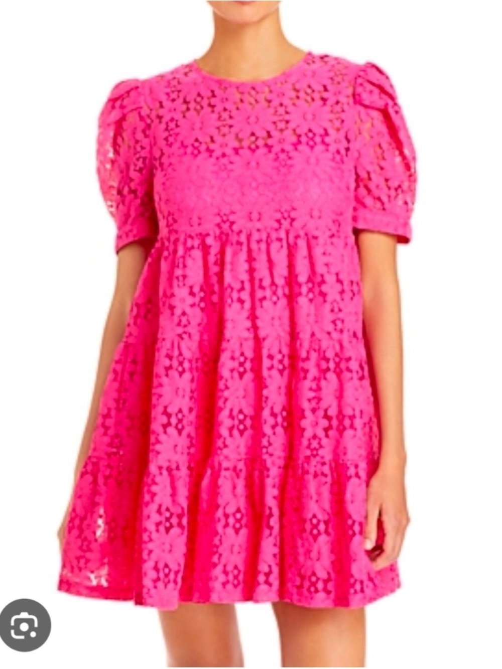 Aqua Bright Pink Lace Puff-Sleeve Babydoll Dress